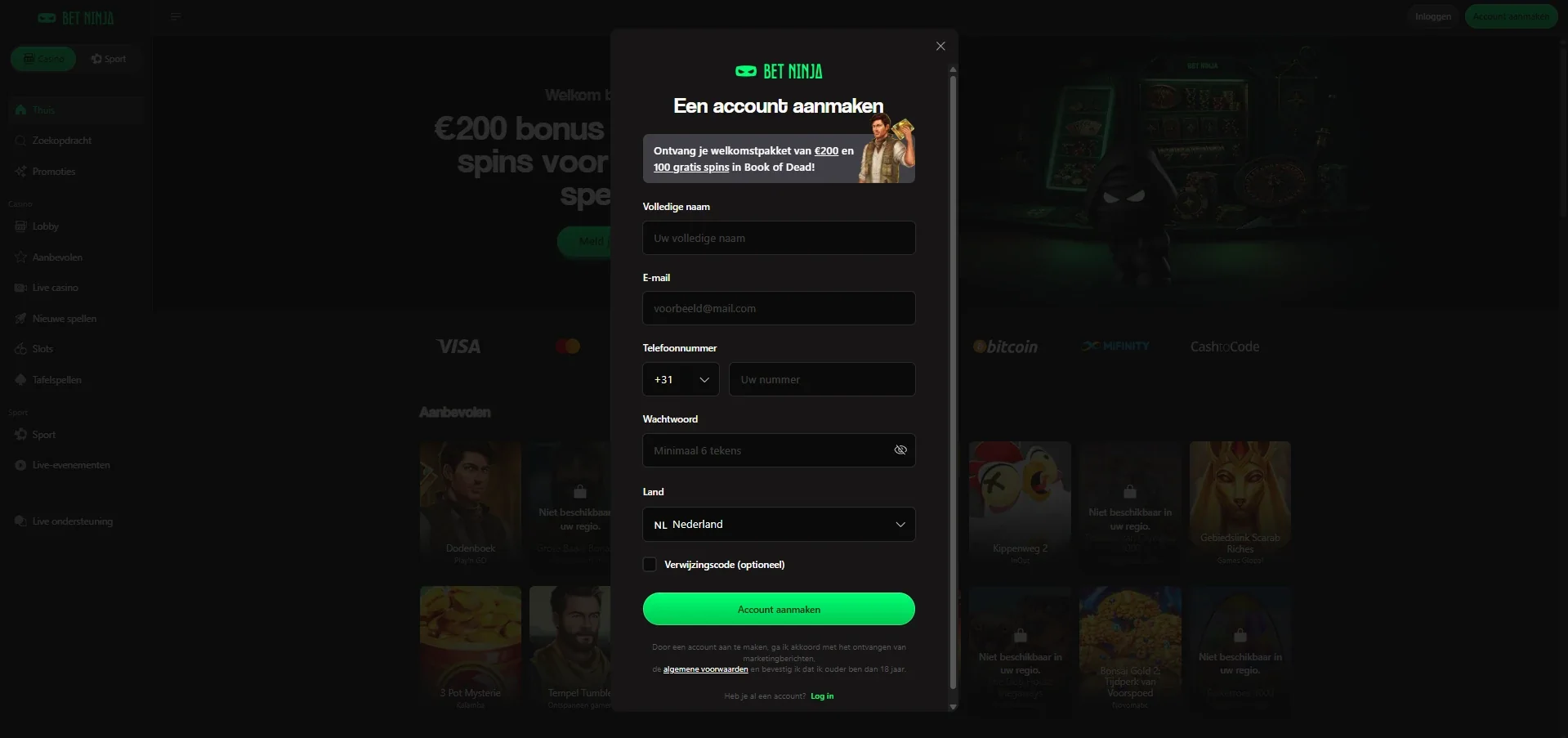 Bet Ninja casino registreren